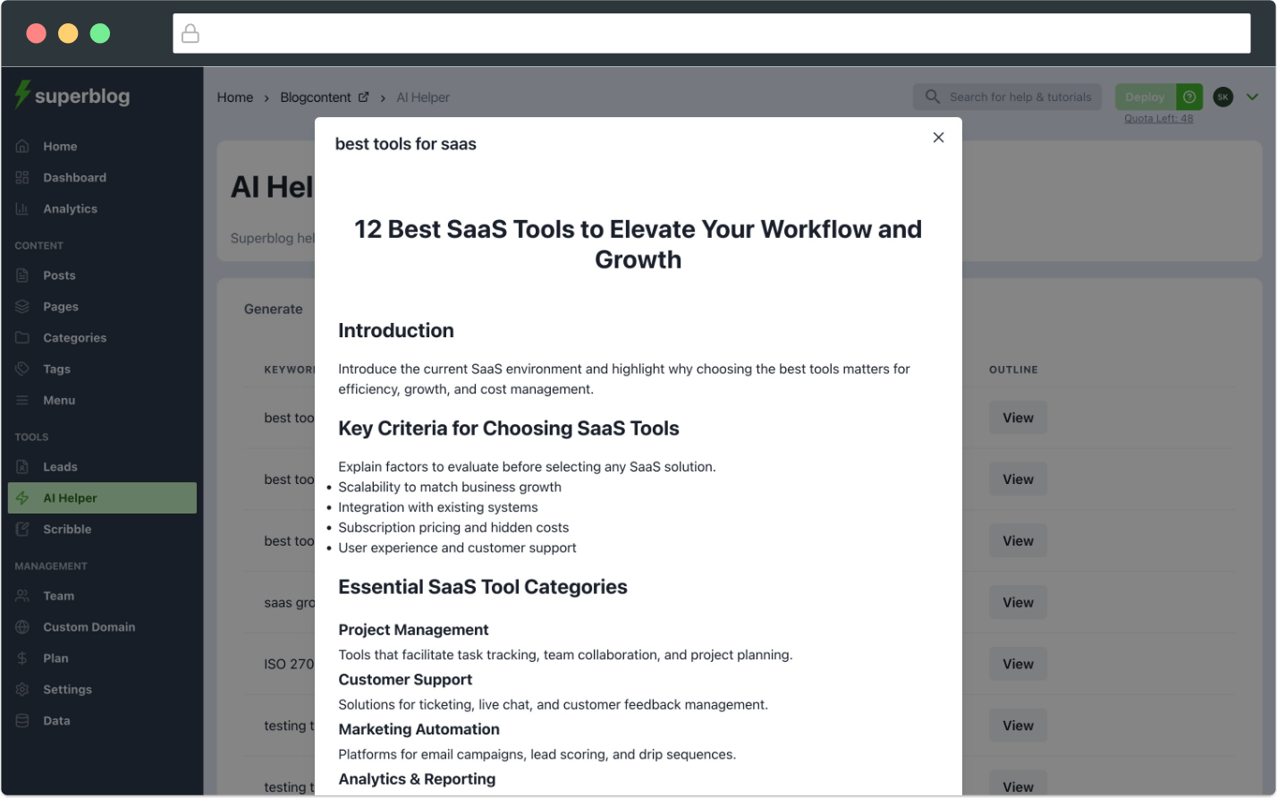 Superblog AI Helper generating structured blog post outline with headings