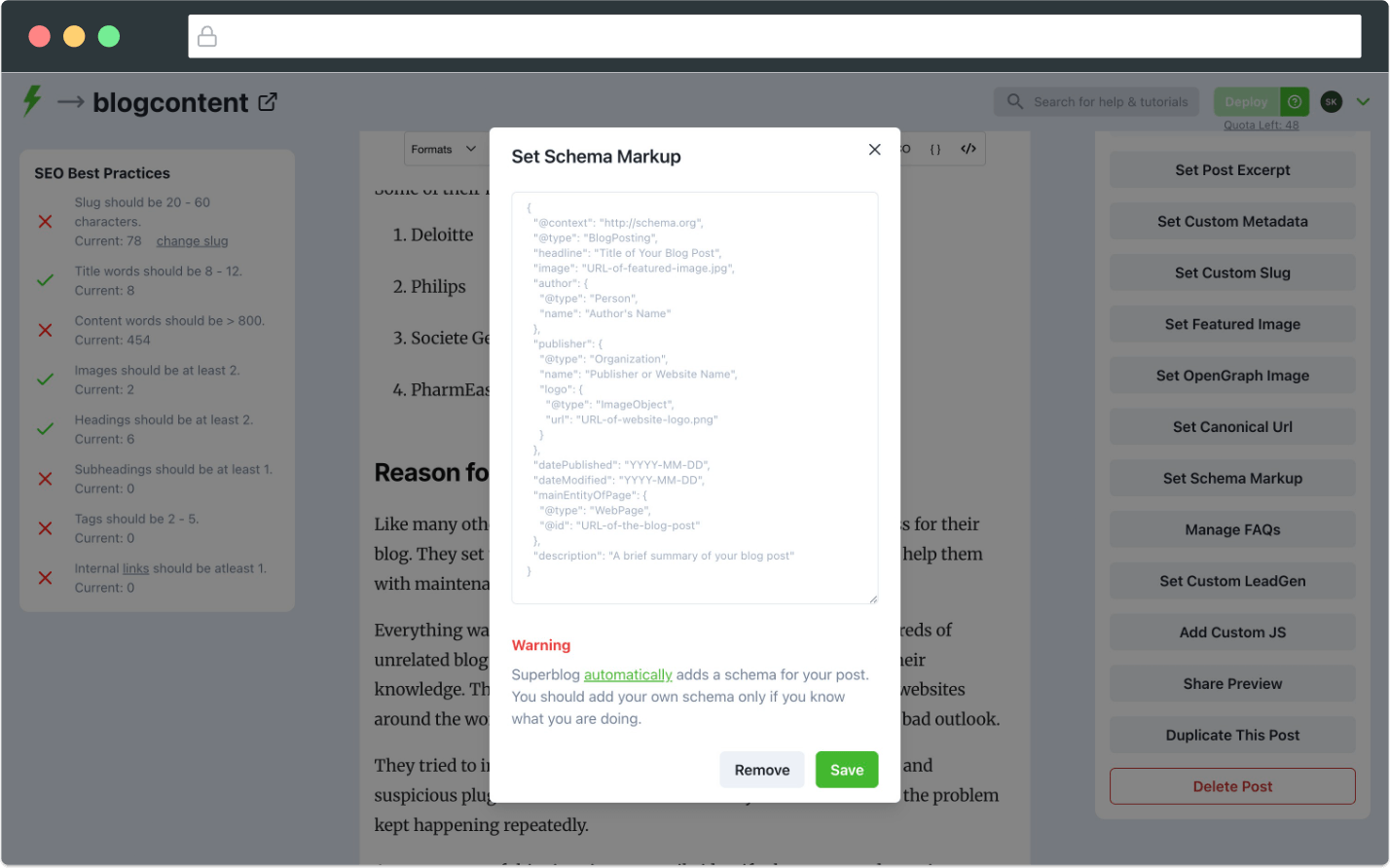 Superblog JSON-LD schema editor interface for customizing structured data