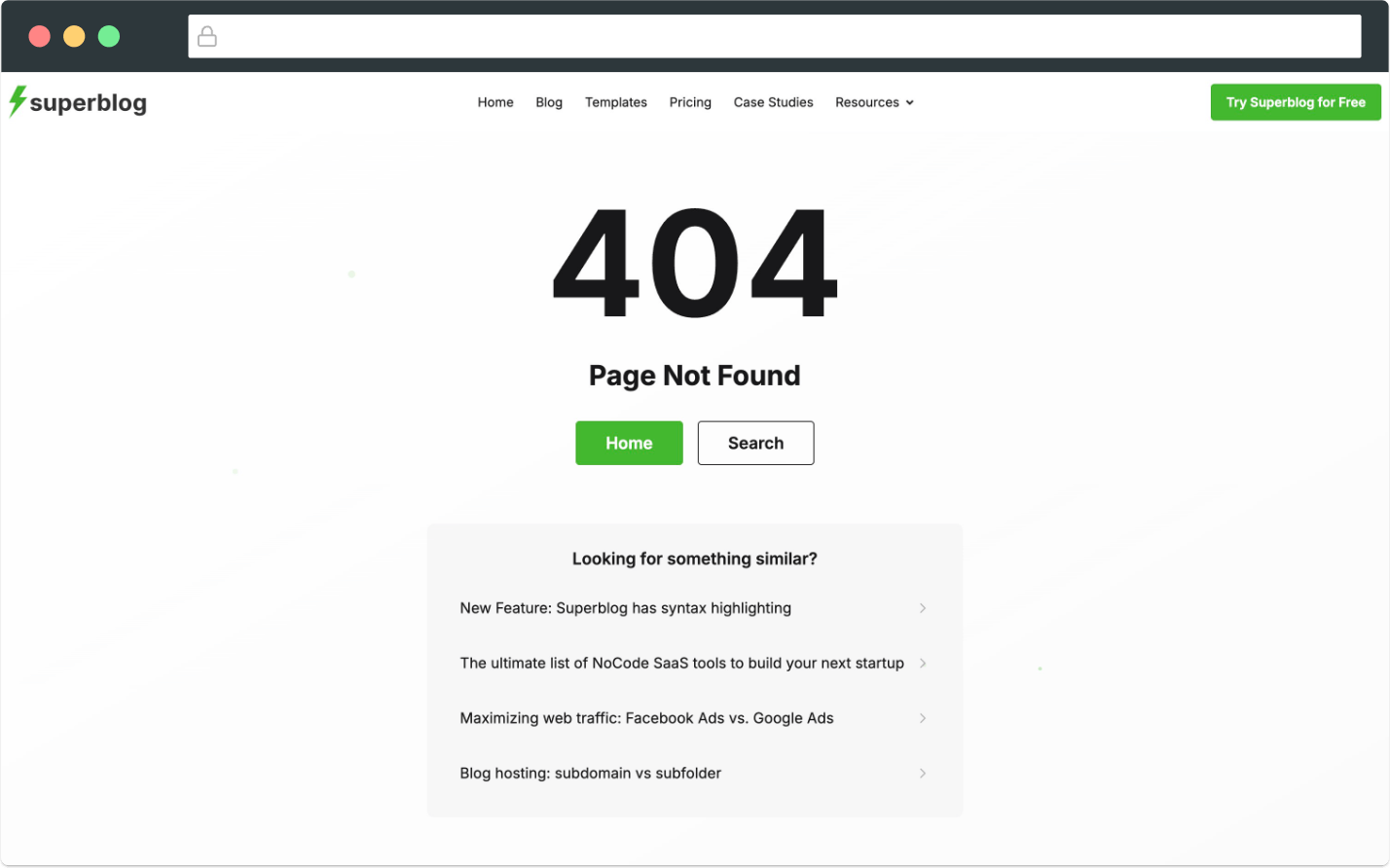 Superblog smart 404 error page with helpful navigation and related content suggestions
