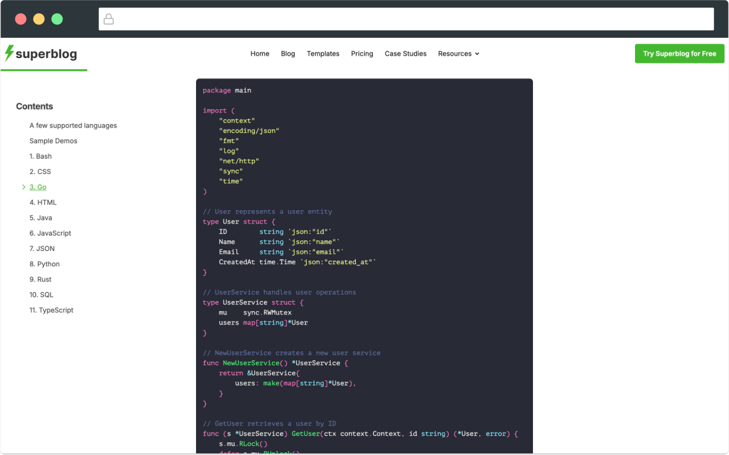 Superblog syntax highlighting showing colorized code with proper formatting