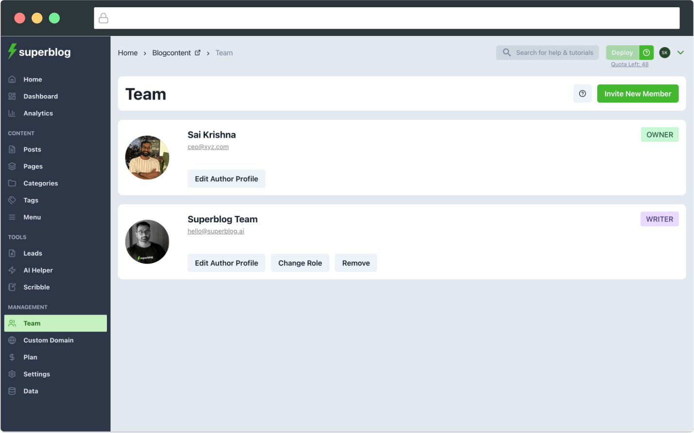 Superblog team management interface showing different user roles and permissions